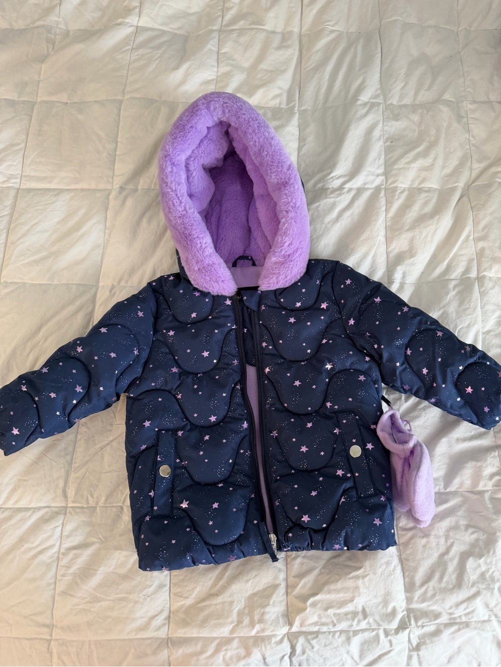 S. Rothschild Baby Girl Navy Blue Star Foil Puffer Jacket & Mittens Set